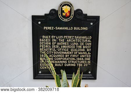 Manila, Ph - Feb 8 - First United Building Marker On February 8, 2020 In Escolta, Manila, Philippine