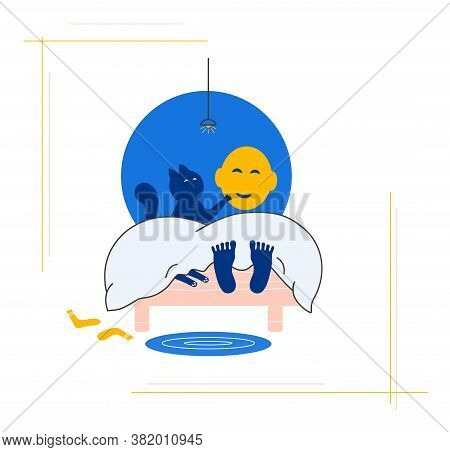 The Boy And The Cat Are Lying On The Bed. The Cat Stretches Out Its Paw. Cartoon Vector Illustration