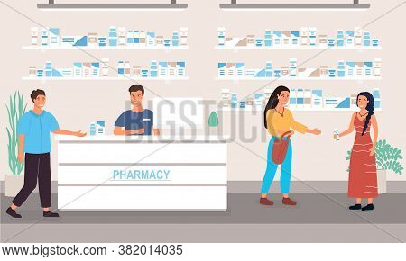 Customers In A Pharmacy Receiving Assistance From The Sales Staff And Friendly Pharmacist. Drustore 