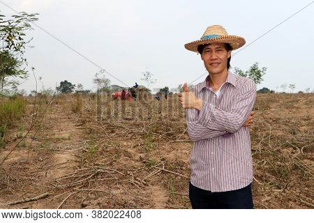 Male Farmer Standing And Thumbs Up In The Cassava Farm With Out Focus Tractor And Worker.