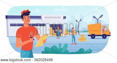 Delivery Logistics, Warehouse Parcel Boxes Delivering By Workers To Minibus Truck, Vector Flat Desig