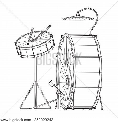 Musical Instruments Set. Rock Band Drum Kit. Percussion Musical Instrument Drums, Stick And Cymbal. 
