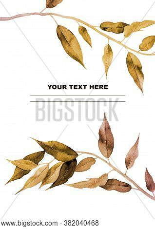 Gold Autumn Branches Frame. Design For A Greeting, Wedding Invitation, Postcard, Card, Notebook In A