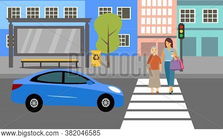 Woman Help Elderly Woman Crossing The Road At Crosswalk With Traffic Light Vector Illustration. Road