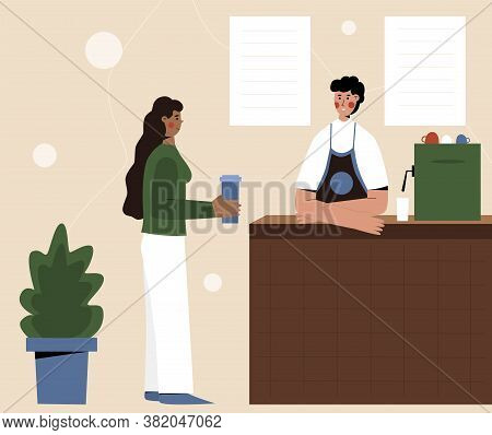 Concept Of Coffee Shop. Woman Talking To Barista In Coffee House. Modern Flat Vector Illustration.