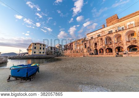 Old Building At Sunset, Famous Place In Santa Maria Di Castellabate, Cilento Coast, Italy. Scenic Be