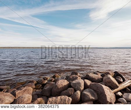 Huge Stones On The River Bank. Vuoksa River Near Imatra In The Leningrad Region, Russia. Coastline W