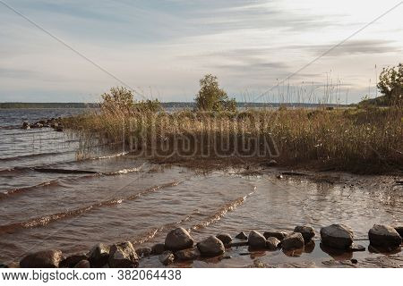 Huge Stones On The River Bank. Vuoksa River Near Imatra In The Leningrad Region, Russia. Coastline W