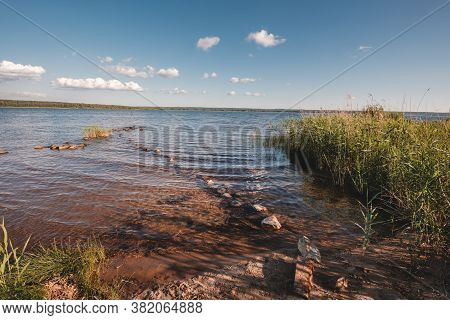 Huge Stones On The River Bank. Vuoksa River Near Imatra In The Leningrad Region, Russia. Coastline W