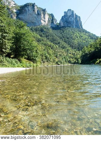 Panoramic View Of A River Mountain In France, Le Rozier. River Sur-tarn