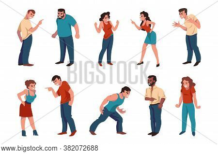 Angry People. Aggressive Men And Women Argue And Emotionally Dispute, Cartoon Characters Fighting Ab