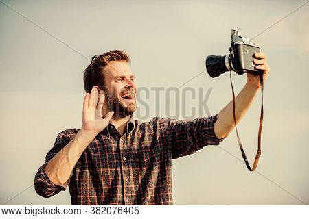 Hi I Am Here. Travel With Camera. Male Fashion Style. Looking Trendy. Macho Man With Camera. Sexy Ma