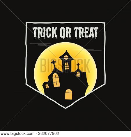 Vintage Halloween Typography Badge Graphics With Horror Castle Landscape Scene, Moon And Quote Text 