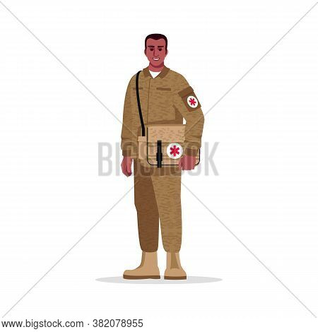 Military Surgeon Semi Flat Rgb Color Vector Illustration. Male Military Doctor. Combat Medic. Young 