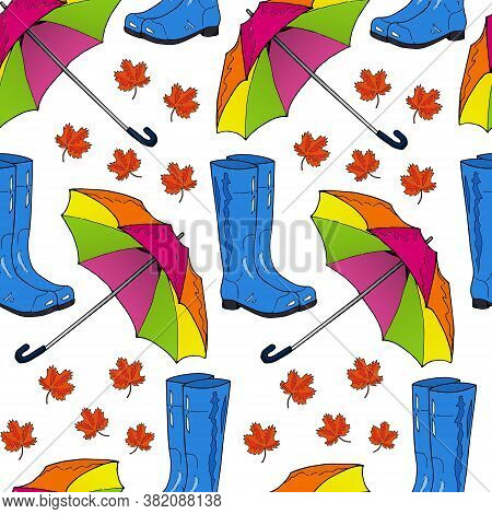 Seamless Pattern From Blue Rubber Boots, Colorful Umbrella And Red Maple Leaves On A White Backgroun