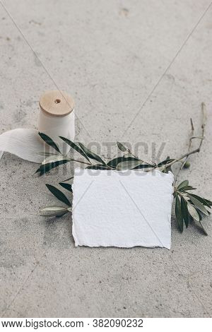 Summer Wedding Stationery Mock-up Scene. Blank Business, Place Card. White Silk Georgette Ribbon, Ol