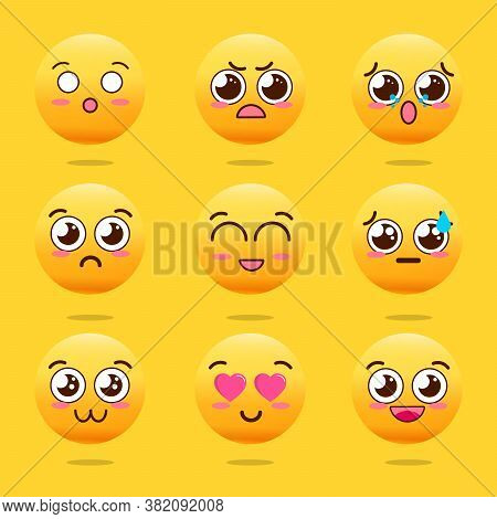 Kawaii Cute Faces. Manga Style Eyes And Mouths. Funny Cartoon Japanese Emoticon In In Different Expr