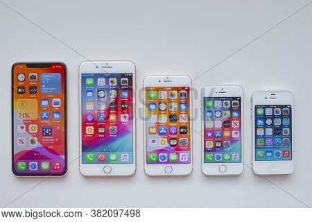 Calgary, Alberta, Canada. Aug 23, 2020. Several Iphones. Front View Of Vintage Iphones. History Of A