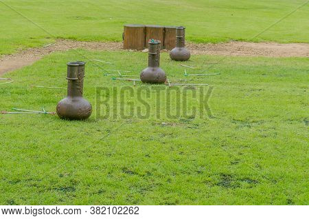 Seosan, South Korea; August 14, 2020: For Editorial Use Only. Metal Containers Used To Hold Bows And
