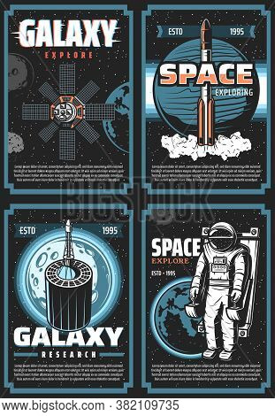 Space Exploring Retro Vector Posters. Galaxy Expedition Adventure Vintage Cards With Astronaut, Shut