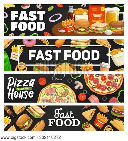 Fast Food, Takeaway Meal Banners, Vector Burger, Hot Dog, Pizza And Sandwich, Soda Drink, French Fri