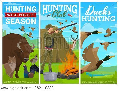 Duck Bird And Wild Animals Hunting Vector Banners. Cartoon Hunter With Rifle In Camp With Tent Shoot