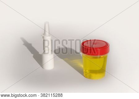 Urinalysis, Drug Testing, Drug. Plastic Jars For Medical Tests.. Urine Test. Urine Test And Nasal Sp