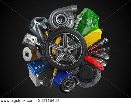 Auto service and car repair workshop concept. Car parts, spares and accesoires. 3d illustration