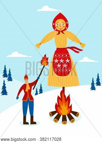 Effigy Burning On Feast Of Maslenitsa Or Shrovetide Flat Vector Illustration.