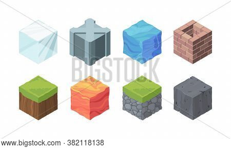 Isometric Landscape Cubes Set. Play Formations Made Of Ice And Metal Grassy Landscape With Rocky Soi