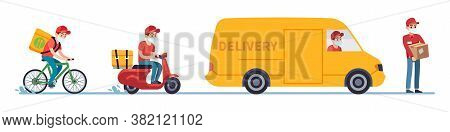 Quarantine Delivery. Couriers In Medical Masks On Bike, Motorcycle And Truck, Order Or Parcel To Cli