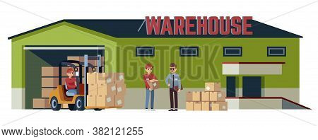 Warehouse Flat Building. Logistic Transportation Pitman Forklift Loader Moving Goods, Operations Acc