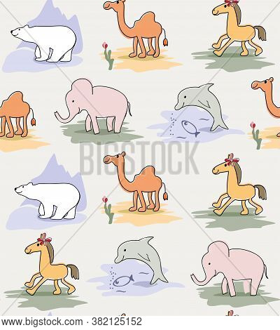 Animal Seamless Pattern For Childrens Clothing, Linens.. Cute Little Anamals Vector Illustration
