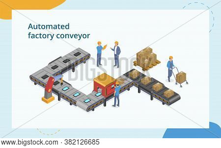 Industrial Automation And Manfacture Concept. Composition With Male Characters Working With Automate