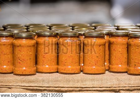 Many Jars With Zacusa, A Romanian Traditional Food Prepared With Boiled Vegetables As Tomattoes, Oni