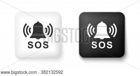 Black And White Alarm Bell And Sos Lettering Icon Isolated On White Background. Warning Bell, Help S