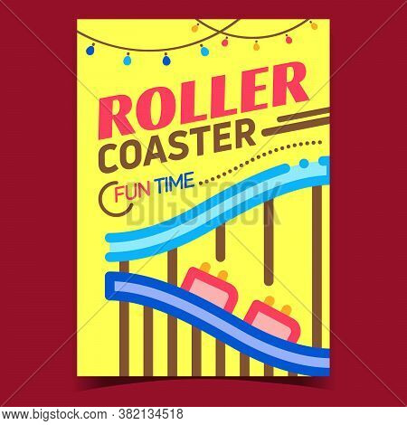 Roller Coaster Creative Advertising Banner Vector. Family Park Roller Coaster Extreme Scary Carousel