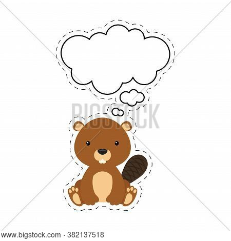 Cute Cartoon Beaver With Speech Bubble Sticker. Kawaii Character On White Background. Cartoon Sittin