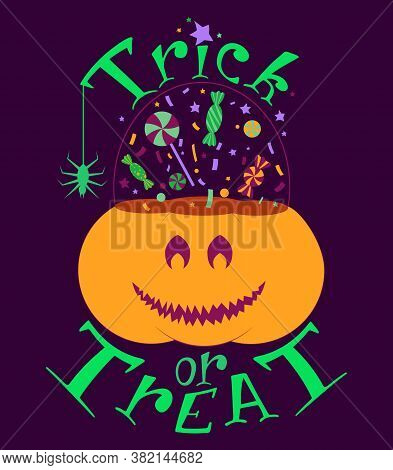 Pumpkin Trick Or Treat Bucket Sticker. Jack O Lantern Pot For Sweets, Candies. Hand Drawn Graphic El