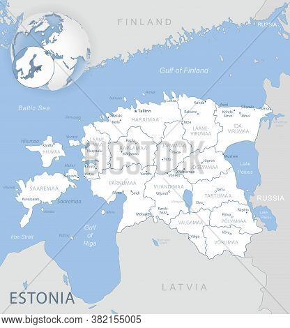 Blue-gray Detailed Map Of Estonia Administrative Divisions And Location On The Globe.