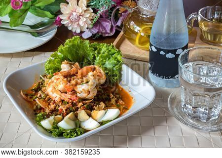 Delicious Homemade Thai Winged Bean Salad Or Sour And Spicy Thai Herb Salad With Shrimp And Boiled E