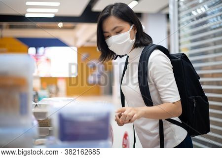 Asian Woman Wearing Protective Face Mask Prevention Virus And Pollution, Shopping Buying Foods At Su