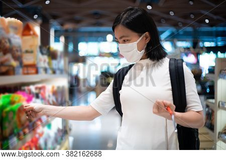 Asian Woman Wearing Protective Face Mask Prevention Virus And Pollution, Shopping Buying Foods At Su