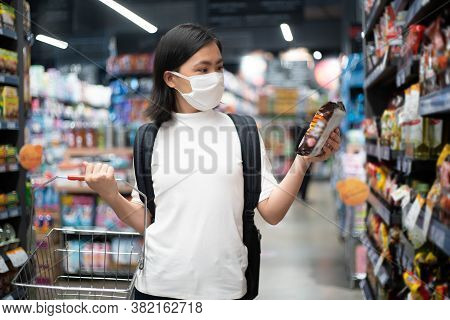 Asian Woman Wearing Protective Face Mask Prevention Virus And Pollution, Shopping Buying Foods At Su