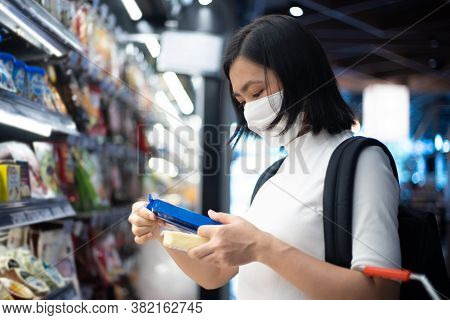 Asian Woman Wearing Protective Face Mask Prevention Virus And Pollution, Shopping Buying Foods At Su