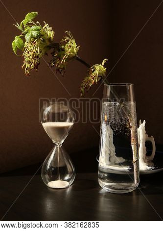 Still Life With Vintage Sandglass And Flowering Spring Twig Of Ash-tree With Young Leaves In A Glass