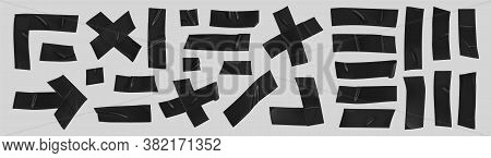Black Duct Tape Set. Realistic Black Adhesive Tape Pieces For Fixing Isolated On Grey Background. Sc
