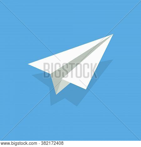 Aper Airplane. Plane Origami. White 3d Fly Aeroplane On Blue Background. Craft Of Origami. Concept O