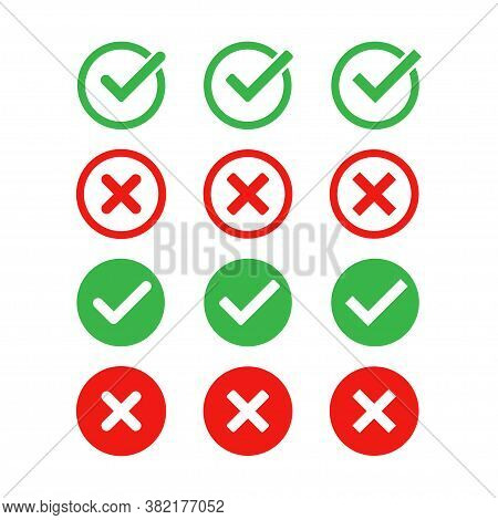 Green Check Mark And Red Cross Icon Set. Vector Isolated Elements. Tick Approved Symbol. Stock Vecto
