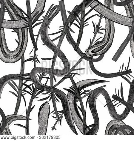 Seamless Pattern With Bamboo Branches, Leaves, And Snakes On White Background. Pencil Drawing. Orien